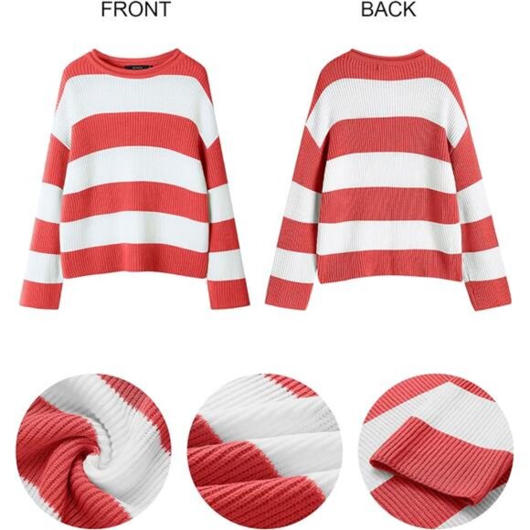 Women's  Fall Long Sleeve Crew Neck Sweater – Striped Color Block - Picture 6 of 7